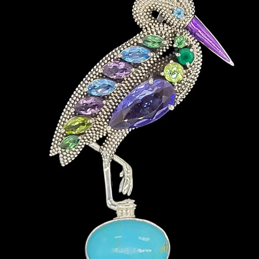 Nicky Butler Rare Heron Brooch Pendant Turquoise & Gemstone .925 Sterling SIlver - Picture 6 of 12